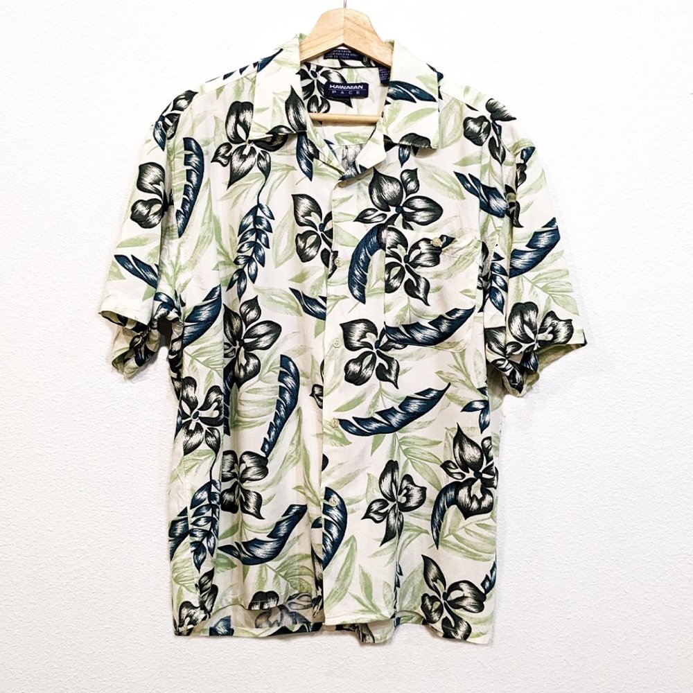 True Vintage Hawaiian Shirt Green Tropical Short Sleeve Camp Collar Button Up